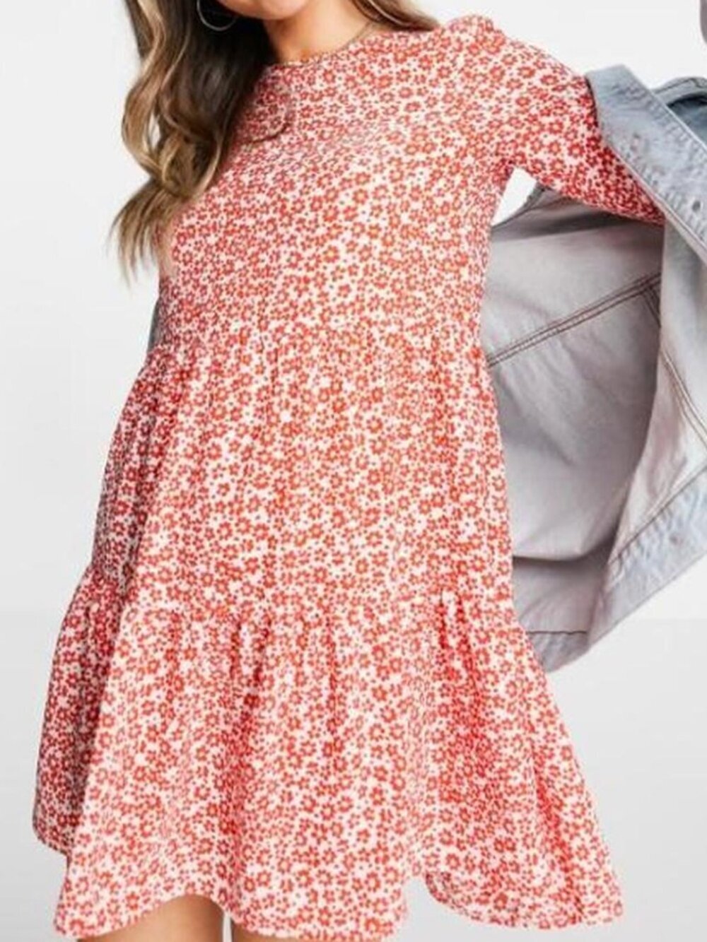 ASOS DESIGN long sleeve tiered smock mini dress in red size 6, brand new